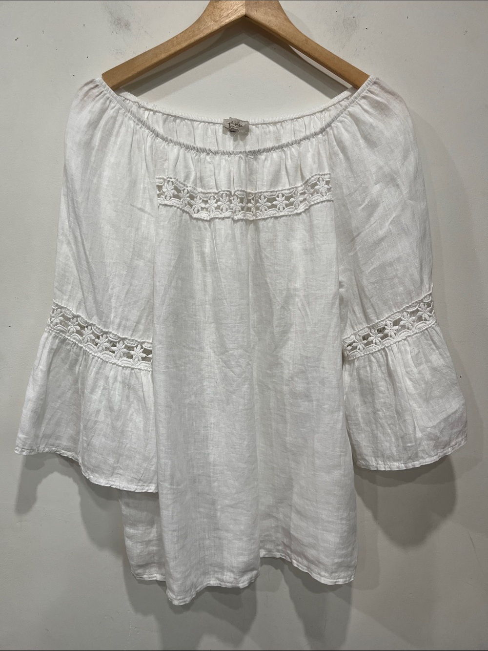 Bellambra White Lace-Trim Linen Cotton Peasant Tunic / off shoulder size Large